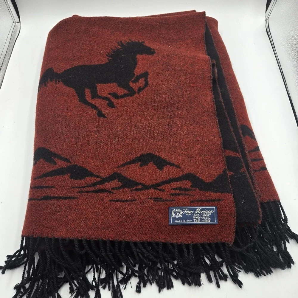 Vtg Merino Wool Celebrate The Horse Southwest Throw Blanket Double Side Red Blk